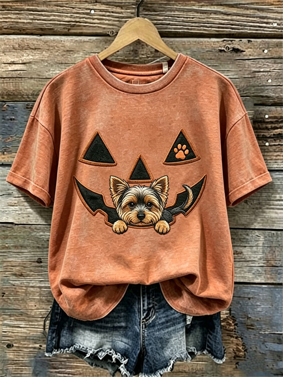 Women's Halloween Peeking Yorkshire Dog Pumpkin Face Print short-sleeved T-shirt