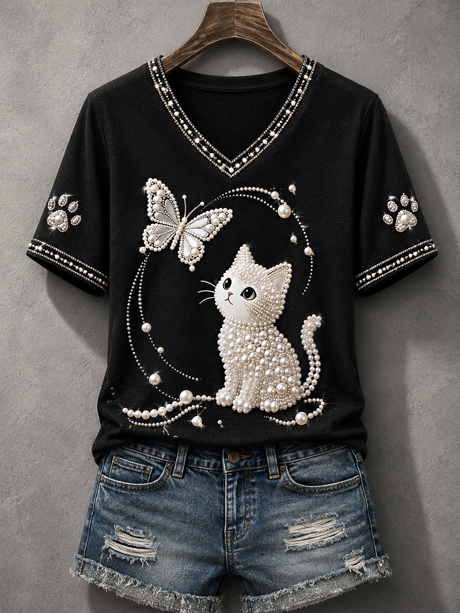 Women's Cute Cat Print Cat Lovers Causal V-Neck Tee