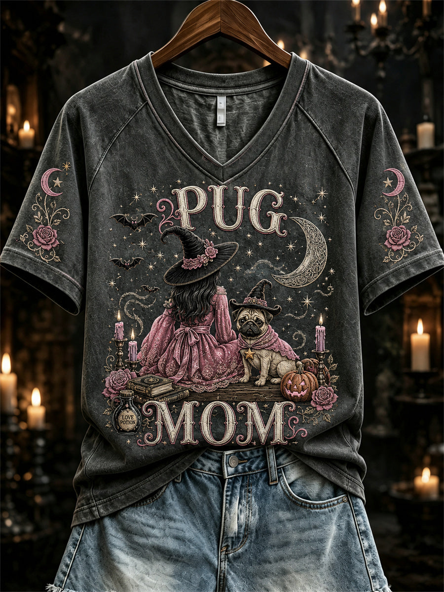 Women's Halloween Pink Witch Pug Mom Print short-sleeved T-shirt