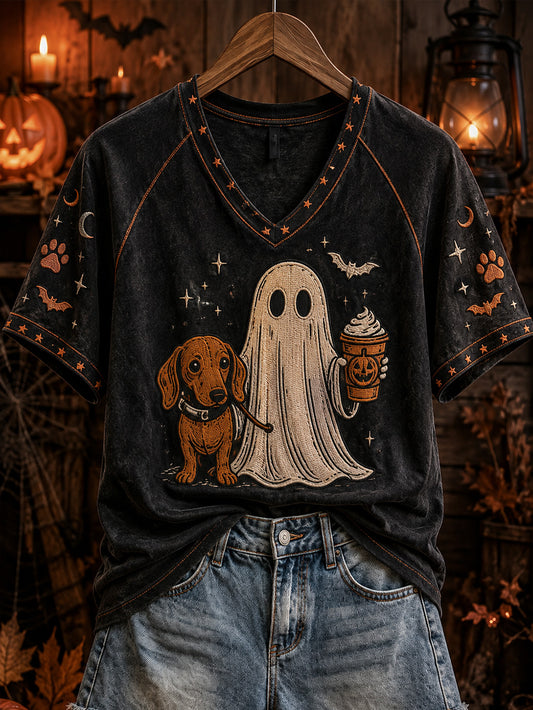 Women's Halloween Boo And Dog Pattern Printed Casual Short Sleeve T-Shirt