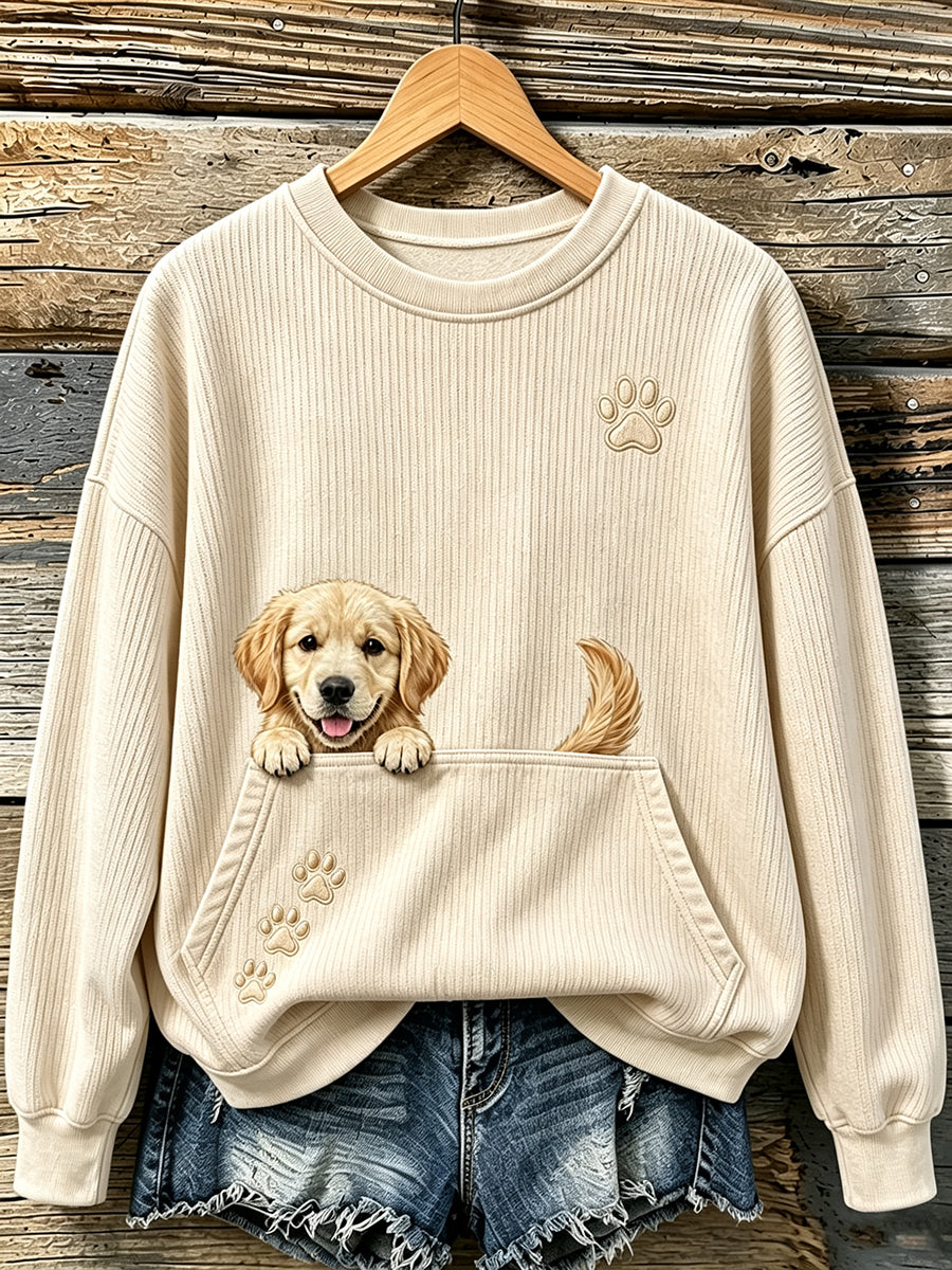 Women's Cute Peeking Golden Retriever & Paws Print Cozy Sweater