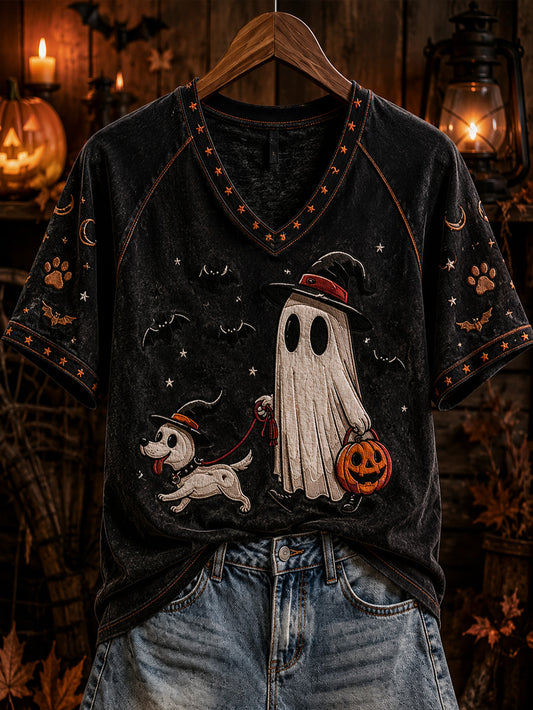 Women's Halloween Boo And Dog Pattern Printed Casual Short Sleeve T-Shirt