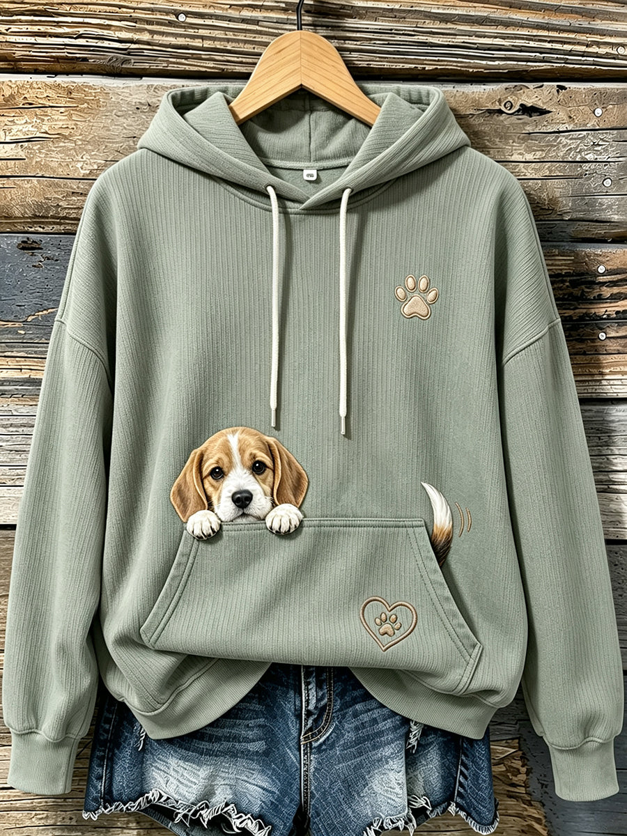 Women's Cute Peeking Beagle & Paws Print Cozy Hooded Sweater