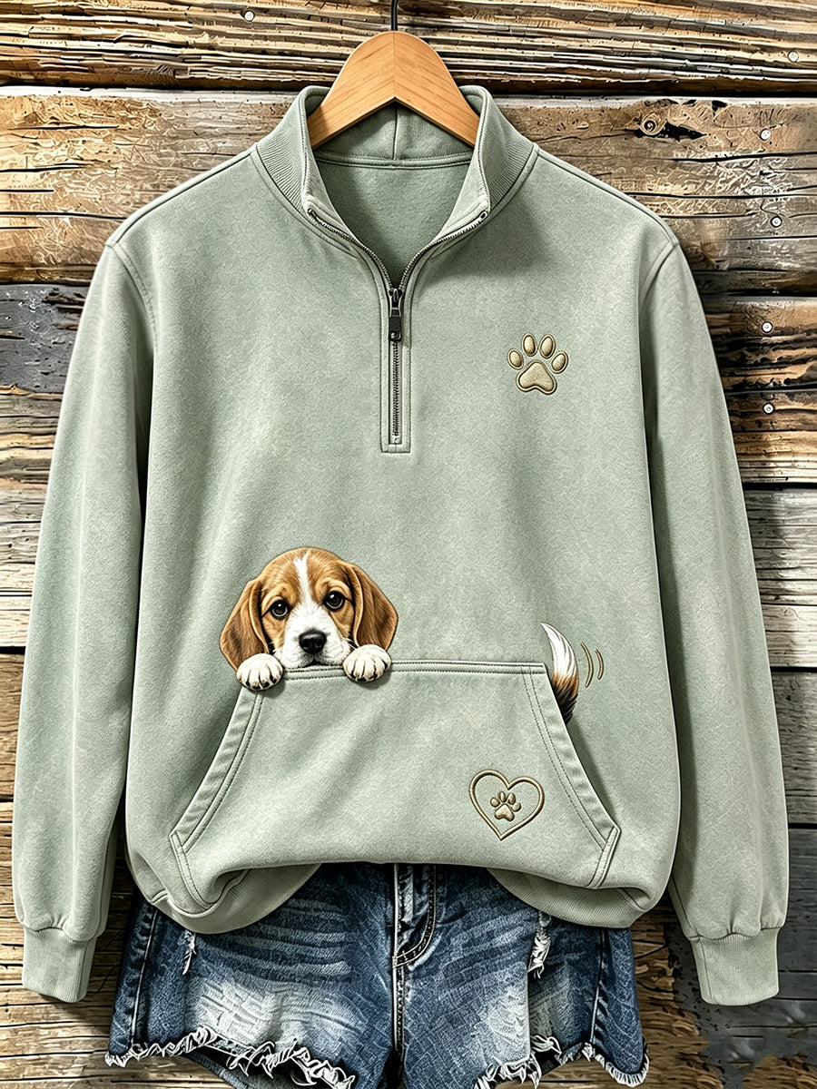 Women's Cute Peeking Beagle & Paws Print Casual 1/4 Zipper Sweatshirt
