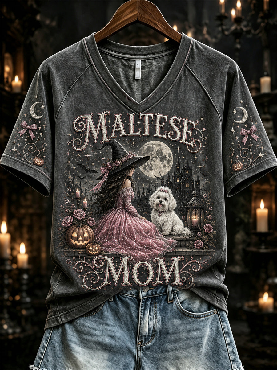 Women's Halloween Pink Witch Maltese Mom Print short-sleeved T-shirt