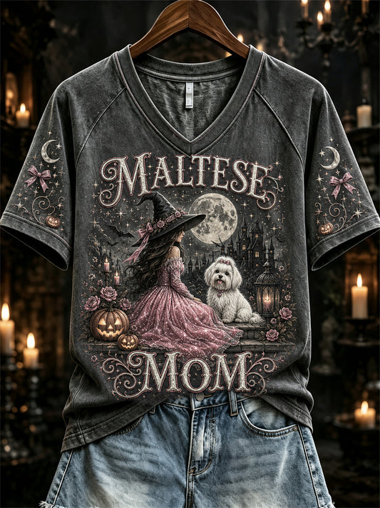 Women's Halloween Pink Witch Maltese Mom Print short-sleeved T-shirt