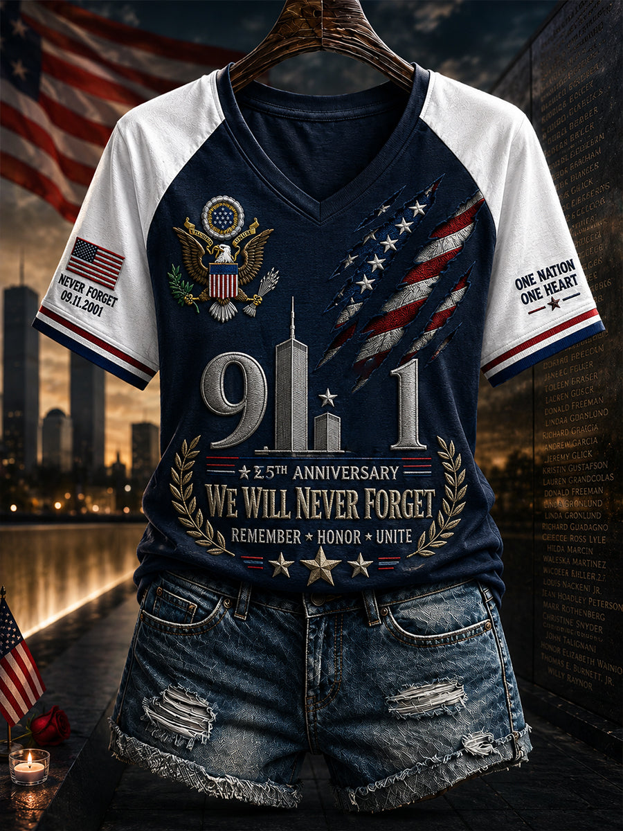 Women's Patriotic 9/11 Memorial Print Raglan Short-Sleeve T-Shirt