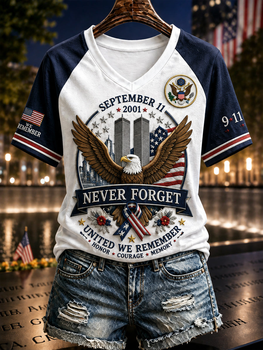 Women's Patriotic 9/11 Memorial Print Raglan Short-Sleeve T-Shirt