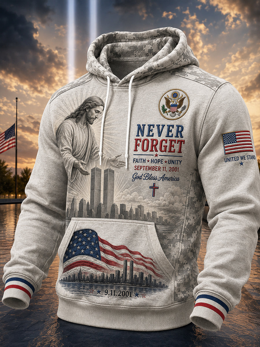 Men's Long-Sleeve Hooded Sweatshirt With Patriotic 9/11 Commemorative Print