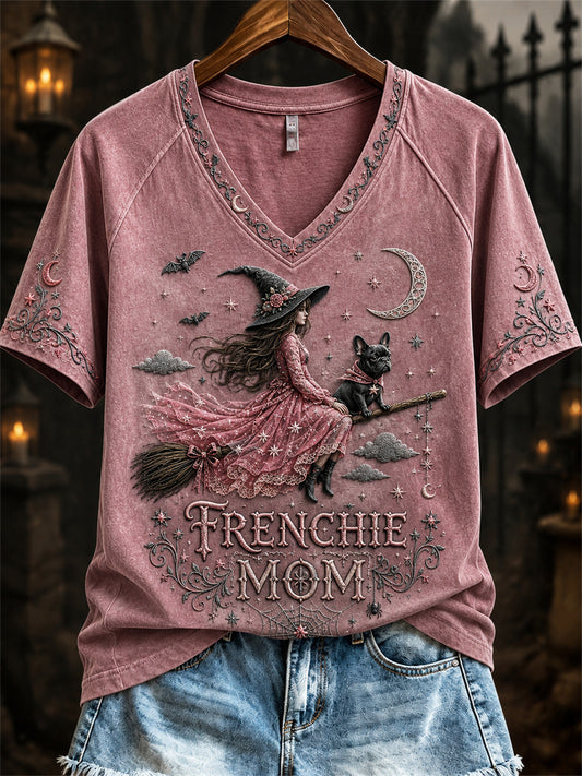 Women's Halloween Pink Witch Frenchie Mom Print short-sleeved T-shirt