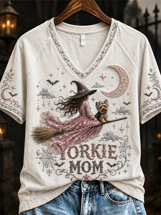 Women's Halloween Pink Witch Yorkie Mom Print short-sleeved T-shirt