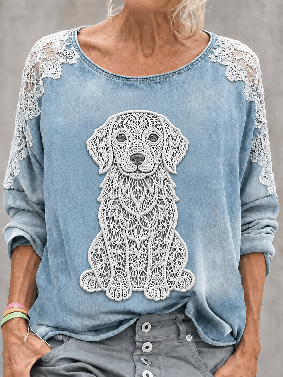 Women's Animal Dog Printed Round-Neck Long-Sleeved Sweatshirt