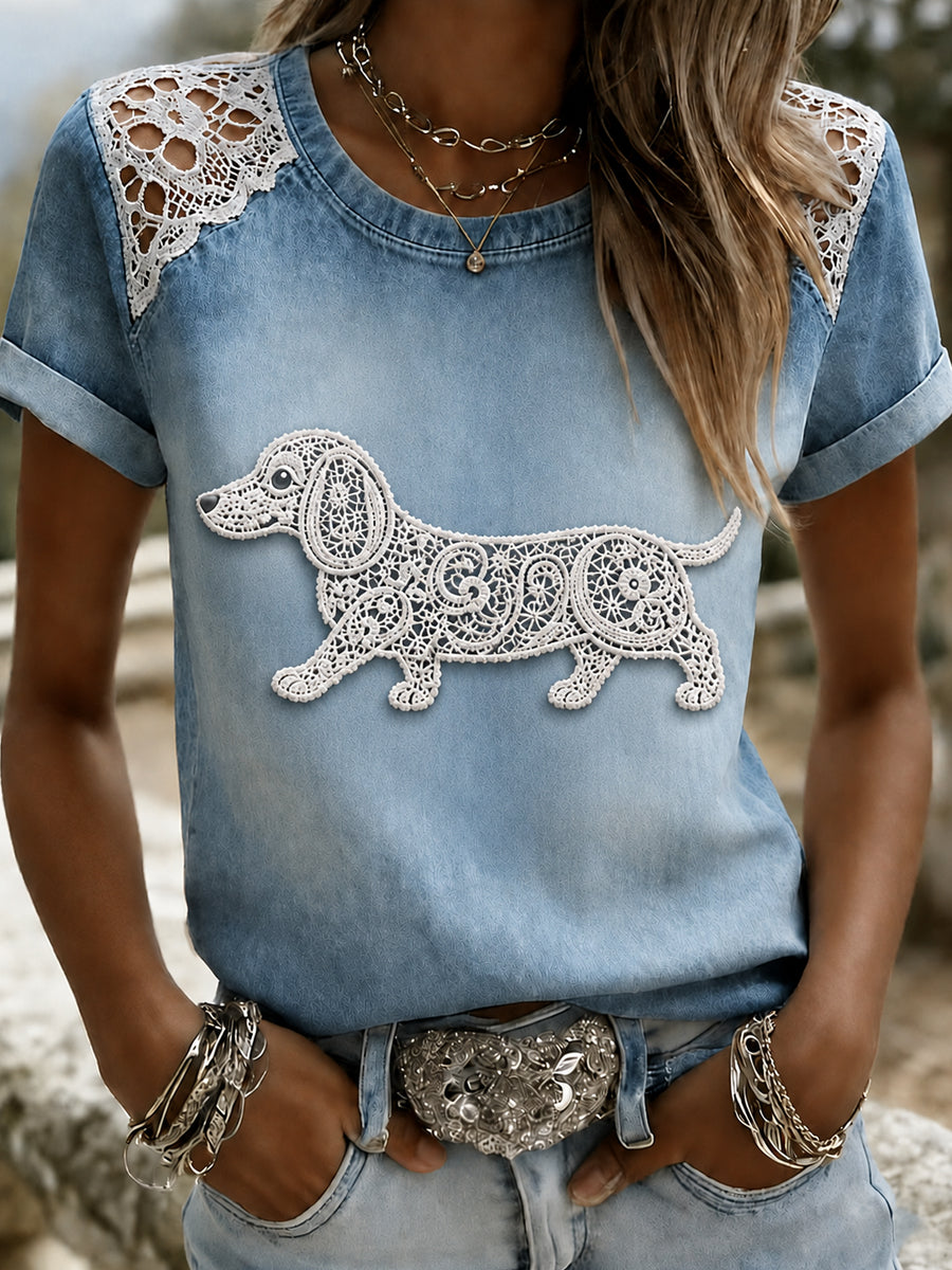 Women's Animal Dog  Printed Vintage Fashion Loose Short Sleeve T-Shirt