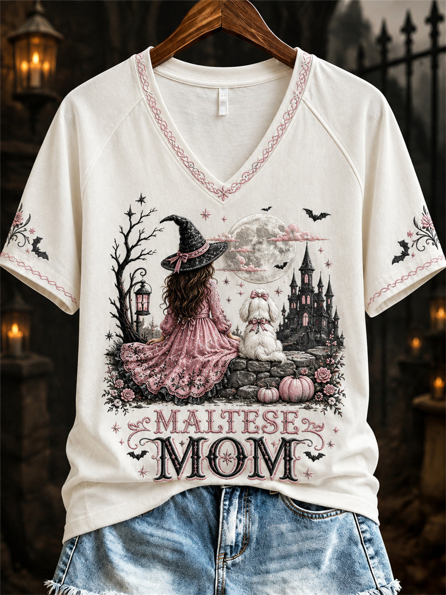 Women's Halloween Pink Witch Maltese Mom Print short-sleeved T-shirt