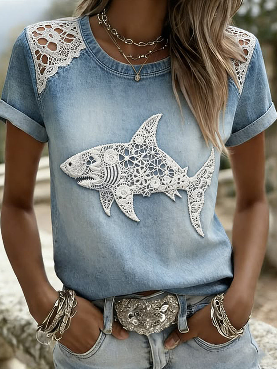 Women's Animal Dog Printed Vintage Fashion Loose Short Sleeve T-Shirt