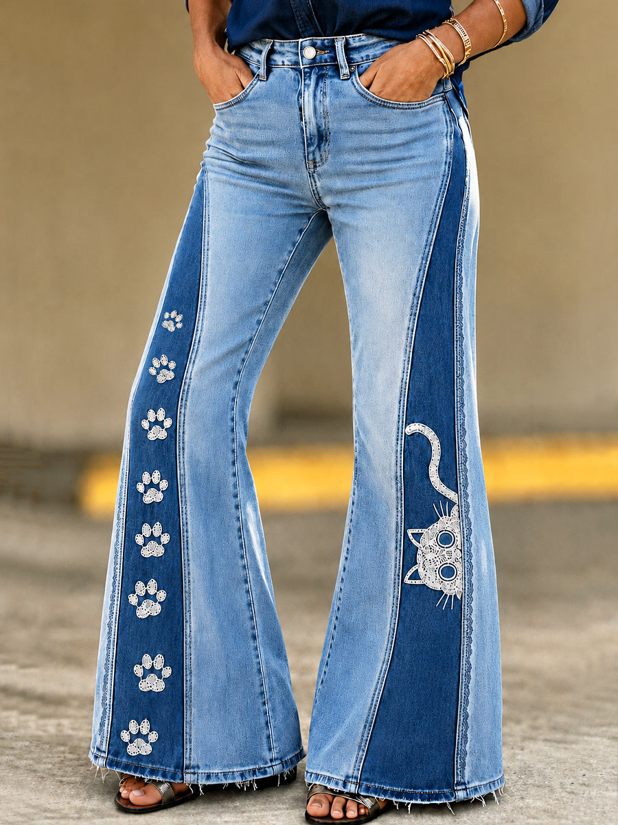 Women's Cat Paw Art Print Flared Trousers
