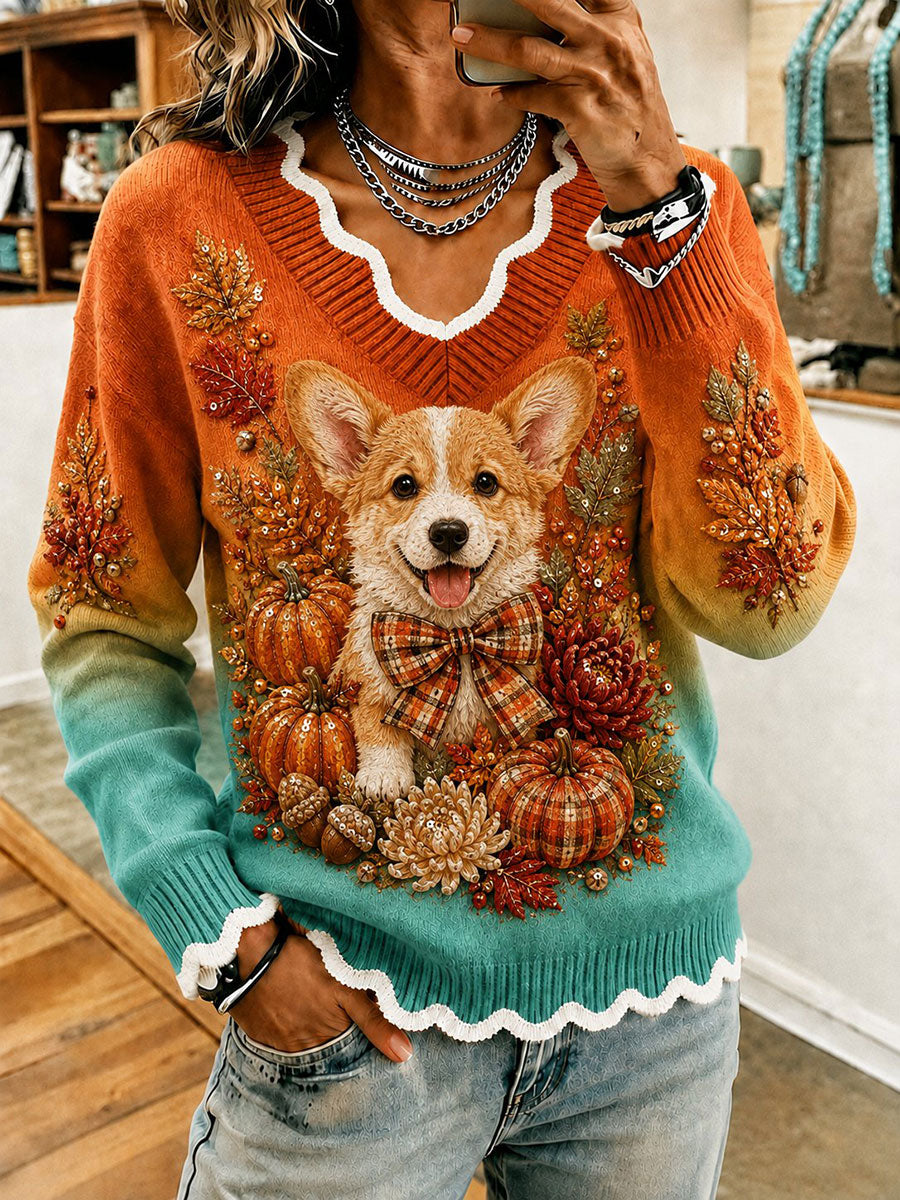 Women's Dog and Autumn Floral Print Casual T-shirt