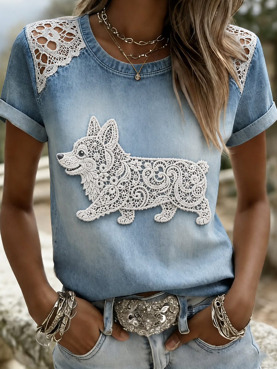 Women's Animal Dog Printed Vintage Fashion Loose Short Sleeve T-Shirt