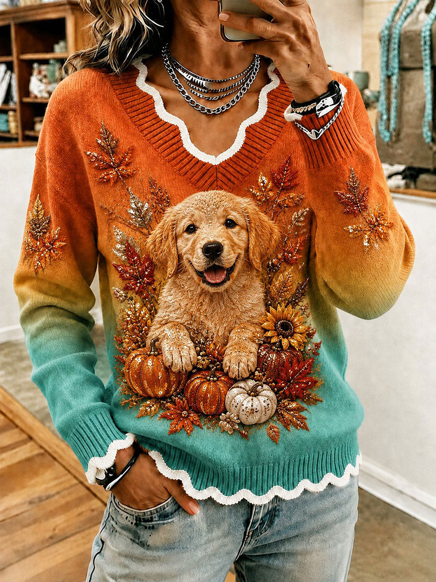 Women's Dog and Autumn Floral Print Casual T-shirt