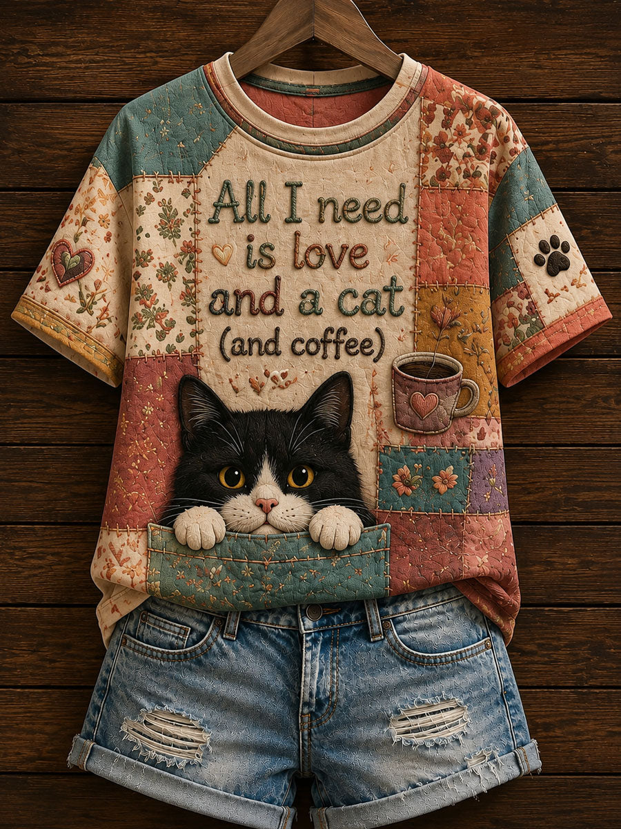 Women's Cute Patchwork Cat Print Casual T-Shirt