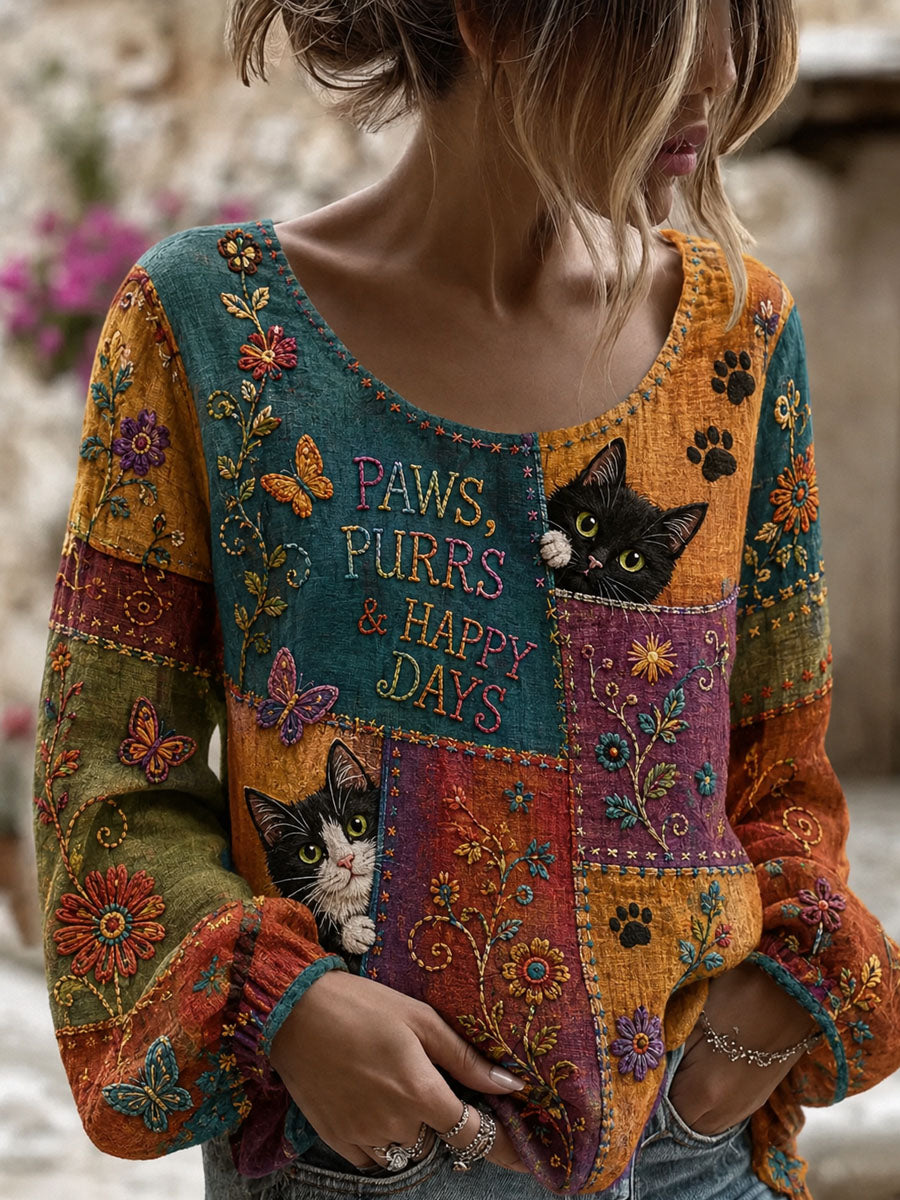 Women's Patchwork Cat Print Casual Long-Sleeved Top