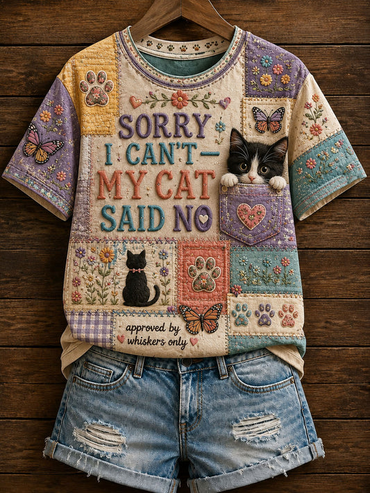 Women's Cute Patchwork Cat Print Casual T-Shirt
