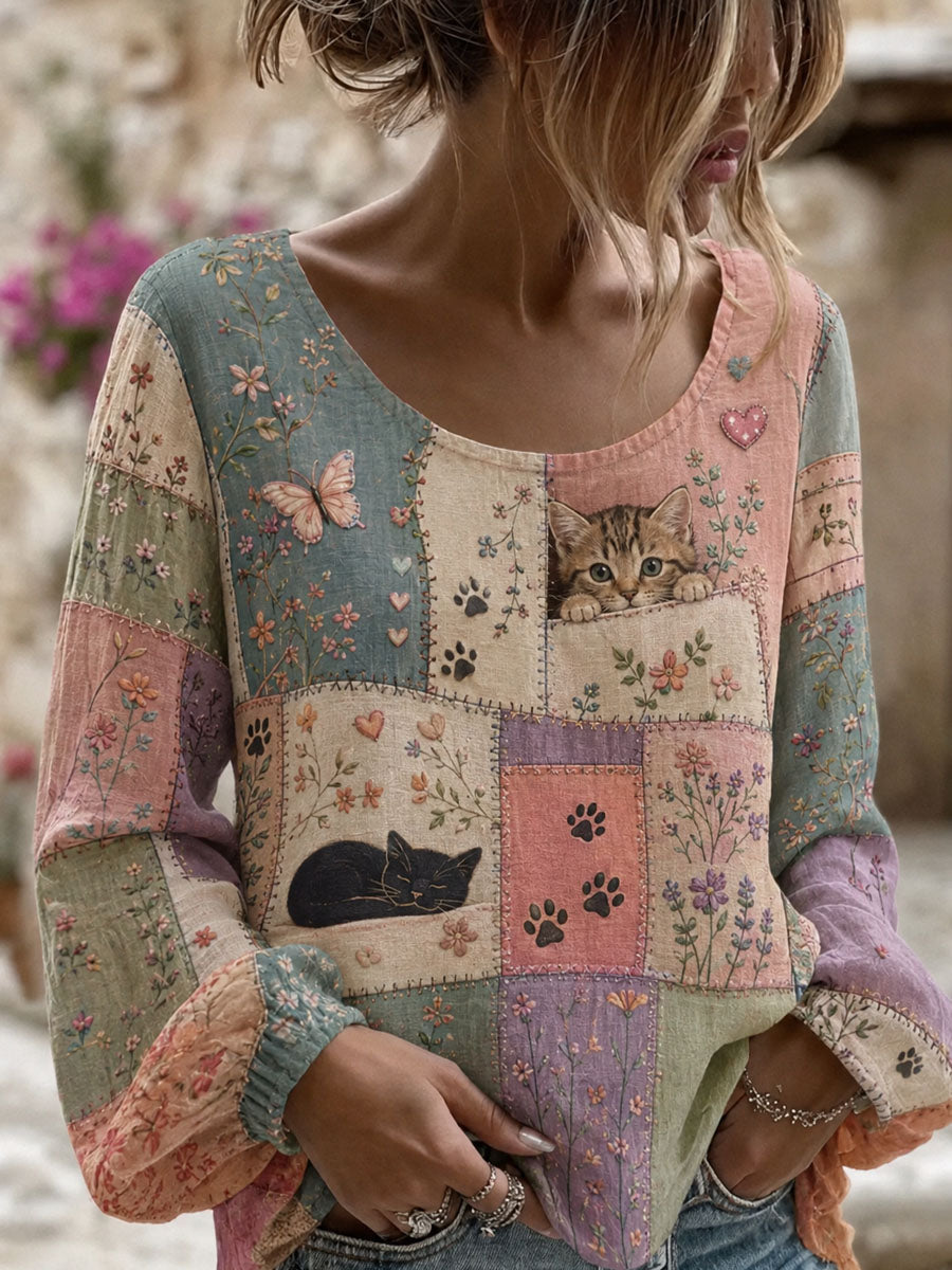 Women's Patchwork Cat Print Casual Long-Sleeved Top