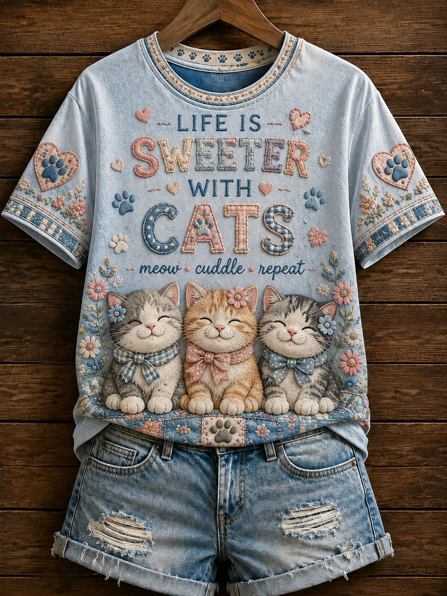 Women's Cute Patchwork Cat Print Casual T-Shirt