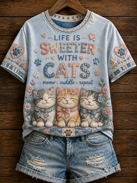 Women's Cute Patchwork Cat Print Casual T-Shirt