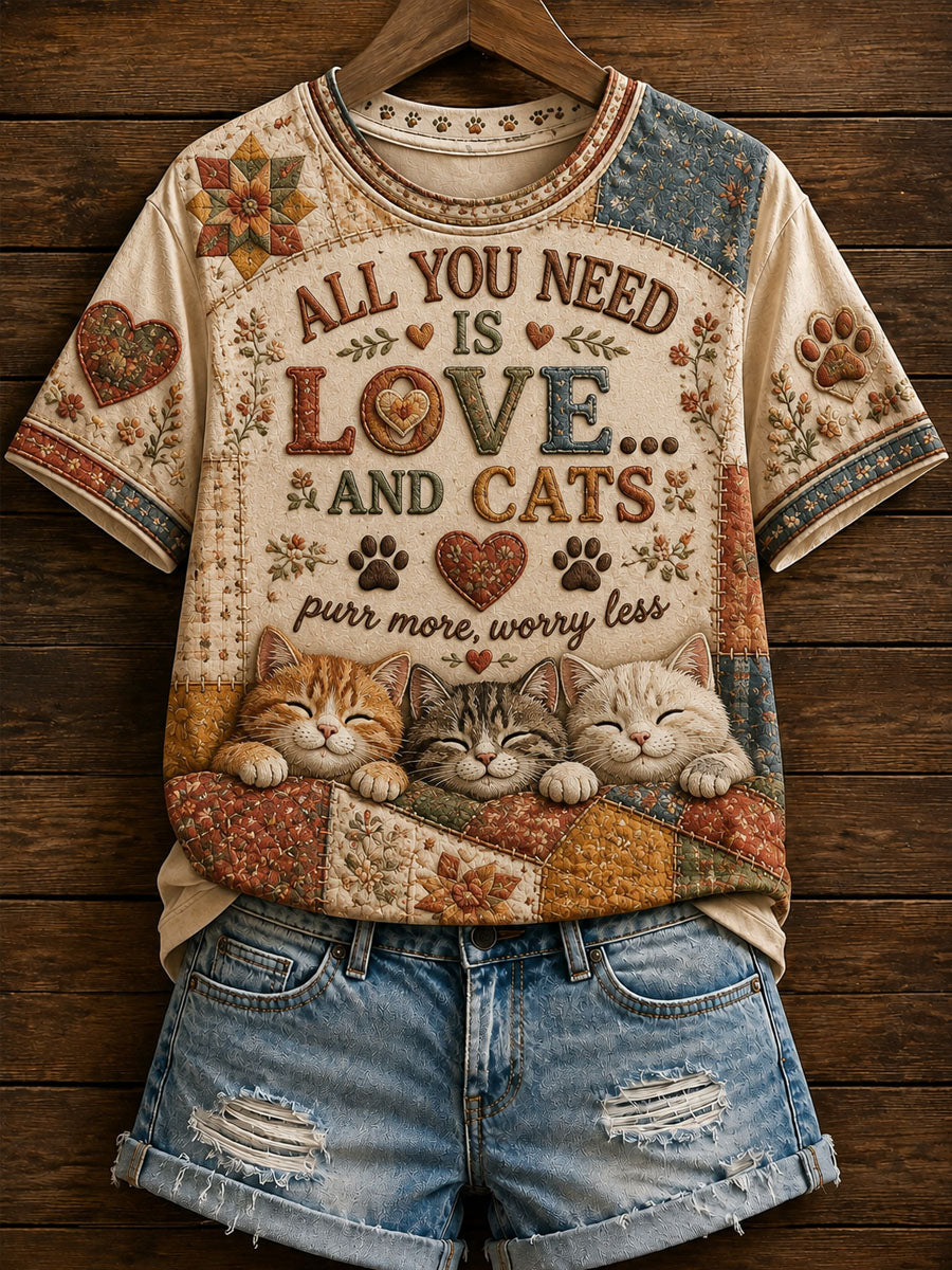 Women's Cute Patchwork Cat Print Casual T-Shirt