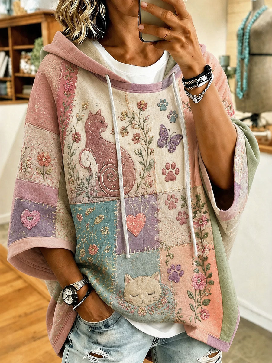 Women's Cute Patchwork Cat-Print Casual Hoodie