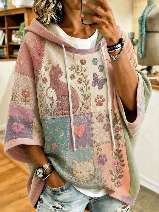 Women's Cute Patchwork Cat-Print Casual Hoodie