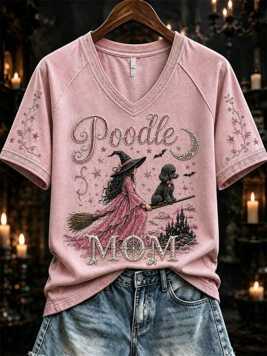 Women's Halloween Poodle Mom Pink Witch & Dog Print short-sleeved T-shirt