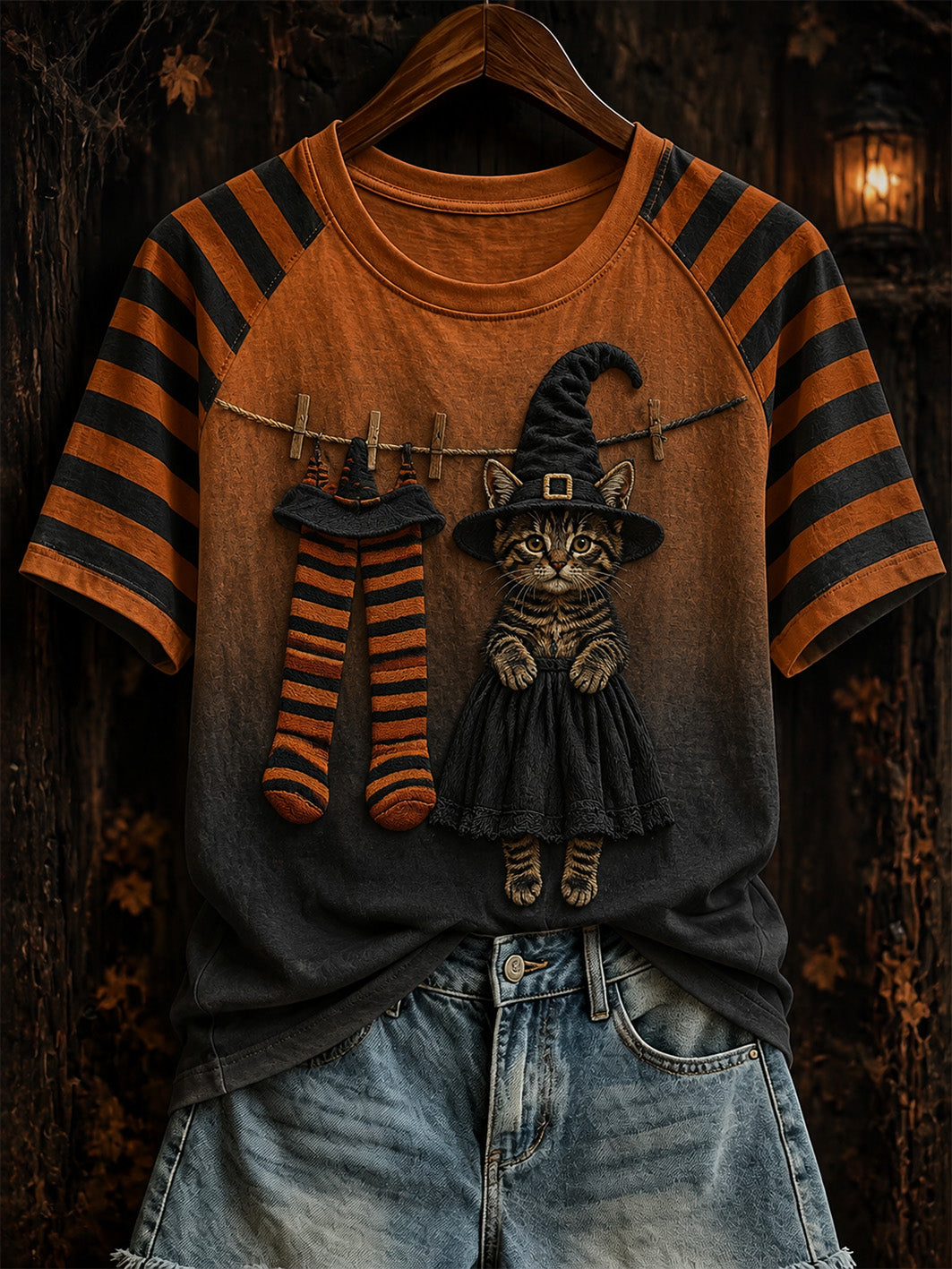 Women's Halloween theme witch cat pattern clash color design casual short-sleeve T-shirt
