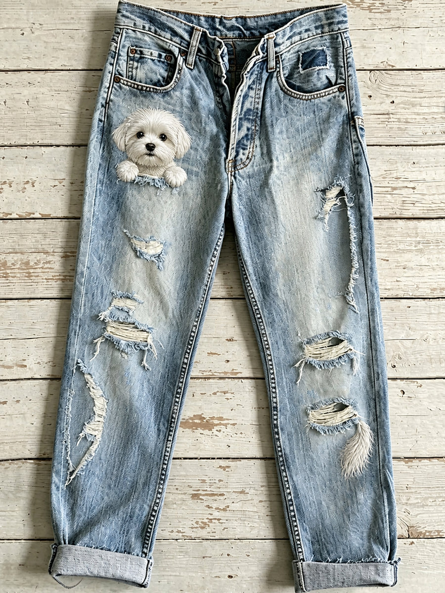 Women's Casual Jeans with Vintage Animal Art Print