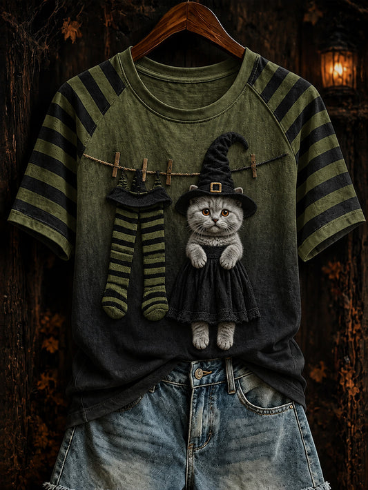 Women's Halloween theme witch cat pattern clash color design casual short-sleeve T-shirt