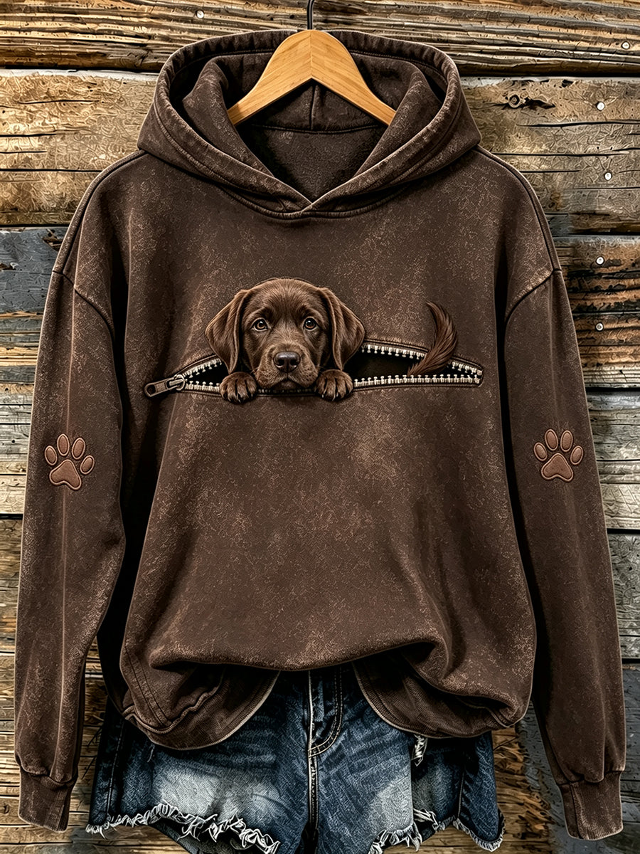 Women's Cute Peeking Chocolate Labrador Retriever & Paws Print Hooded Sweatshirt