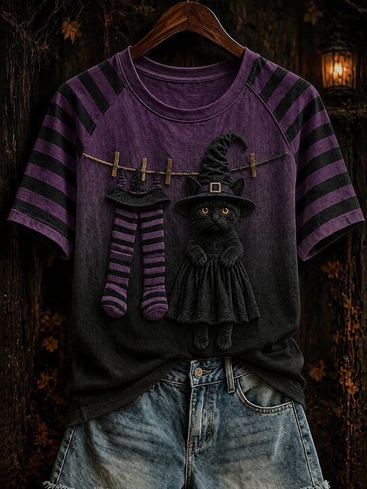 Women's Halloween theme witch cat pattern clash color design casual short-sleeve T-shirt