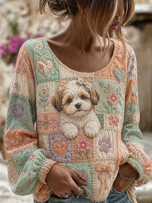 Women's Cute Patchwork Dog Print Casual Top