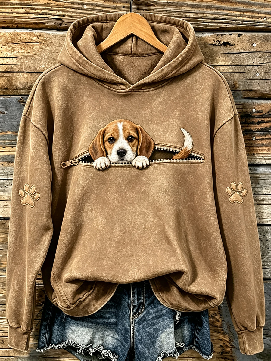 Women's Cute Peeking Beagle & Paws Print Hooded Sweatshirt