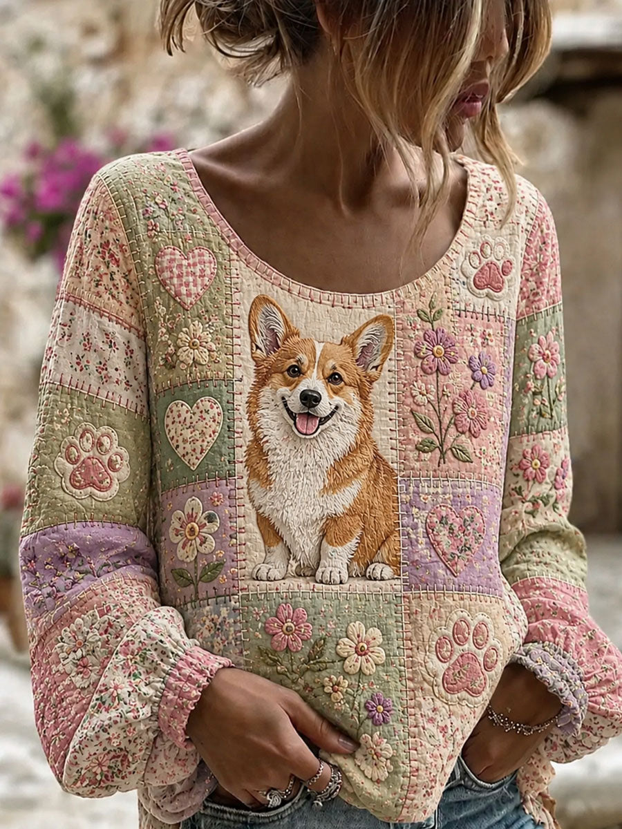 Women's Cute Patchwork Corgi Print Casual Top