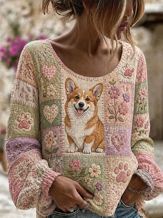 Women's Cute Patchwork Corgi Print Casual Top