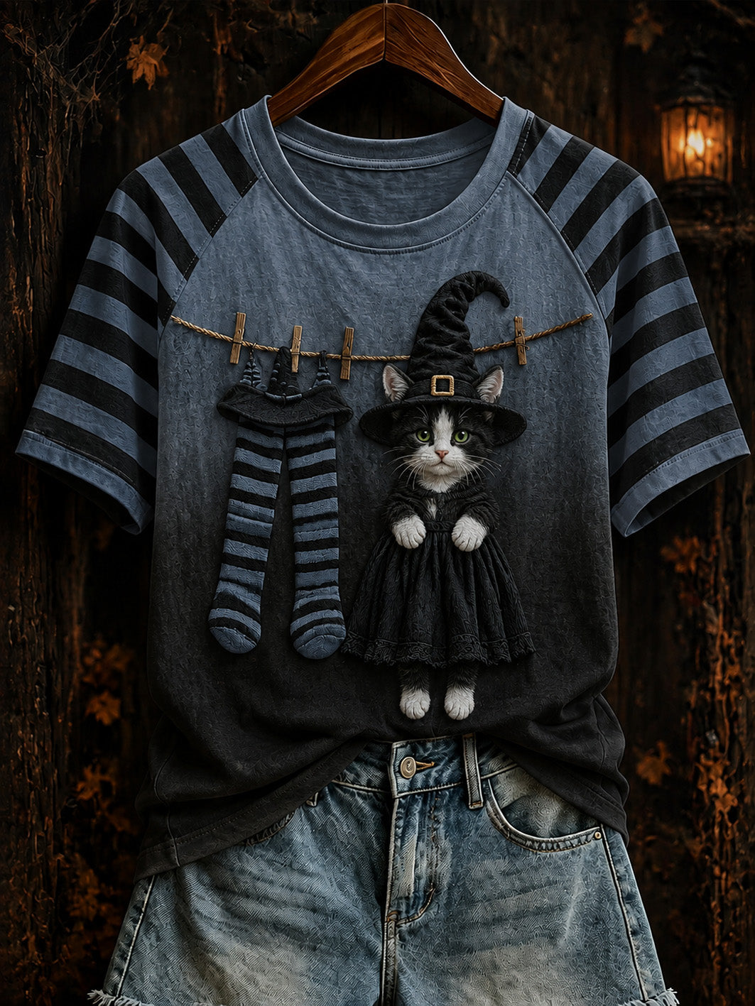 Women's Halloween theme witch cat pattern clash color design casual short-sleeve T-shirt