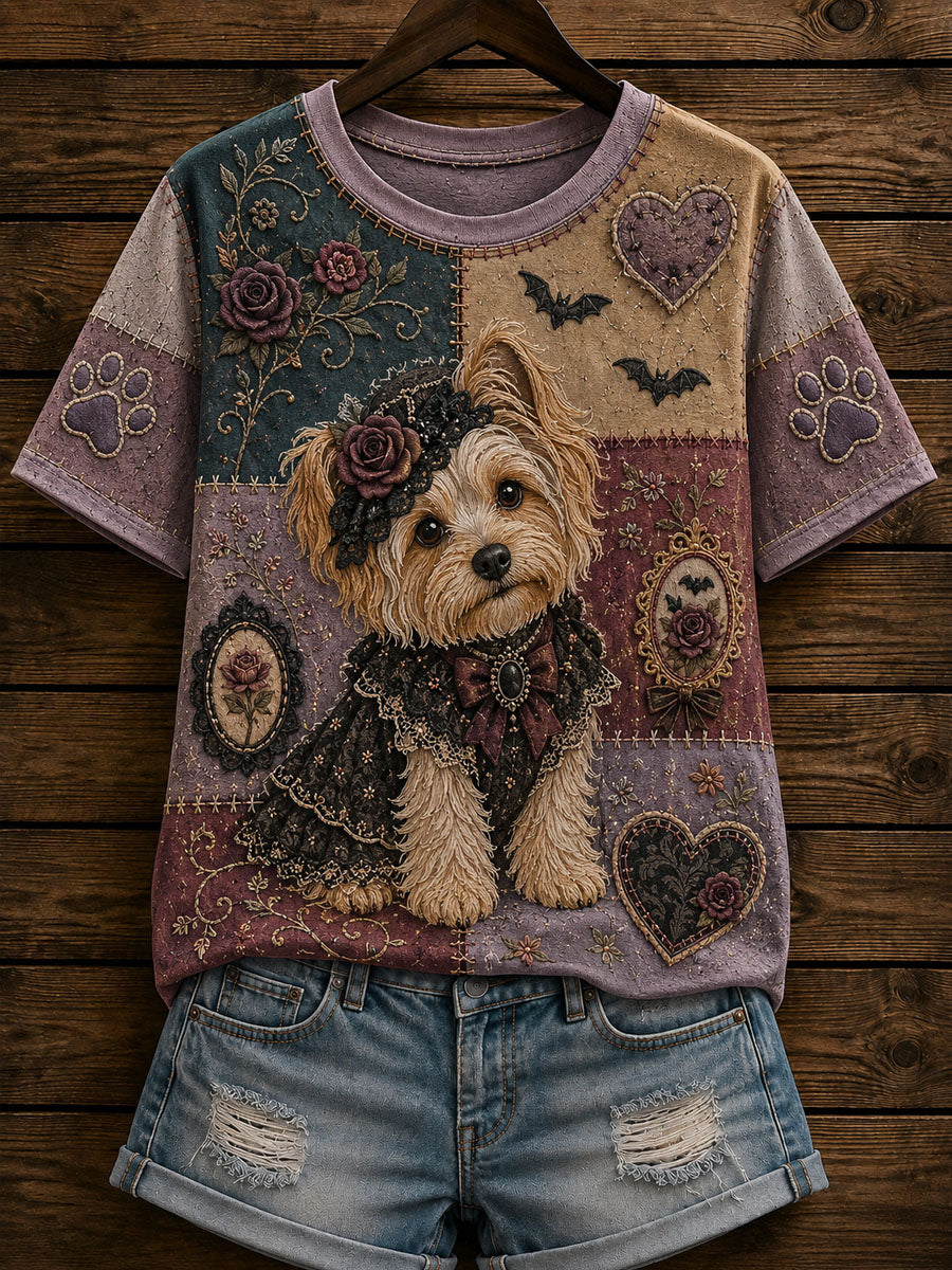 Women’s Gothic Patchwork Dog Print Casual T-Shirt