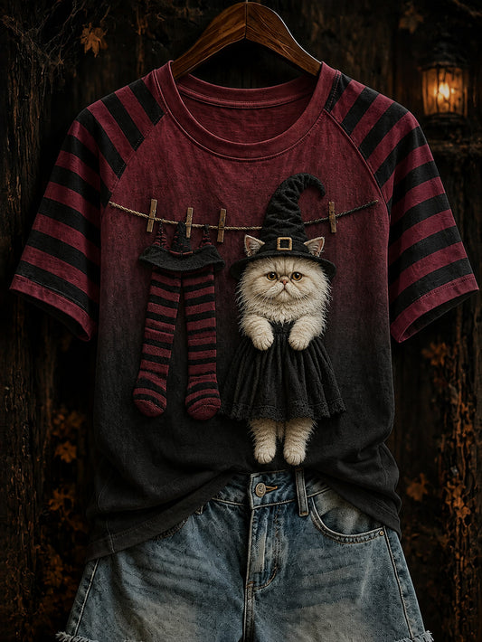 Women's Halloween theme witch cat pattern clash color design casual short-sleeve T-shirt