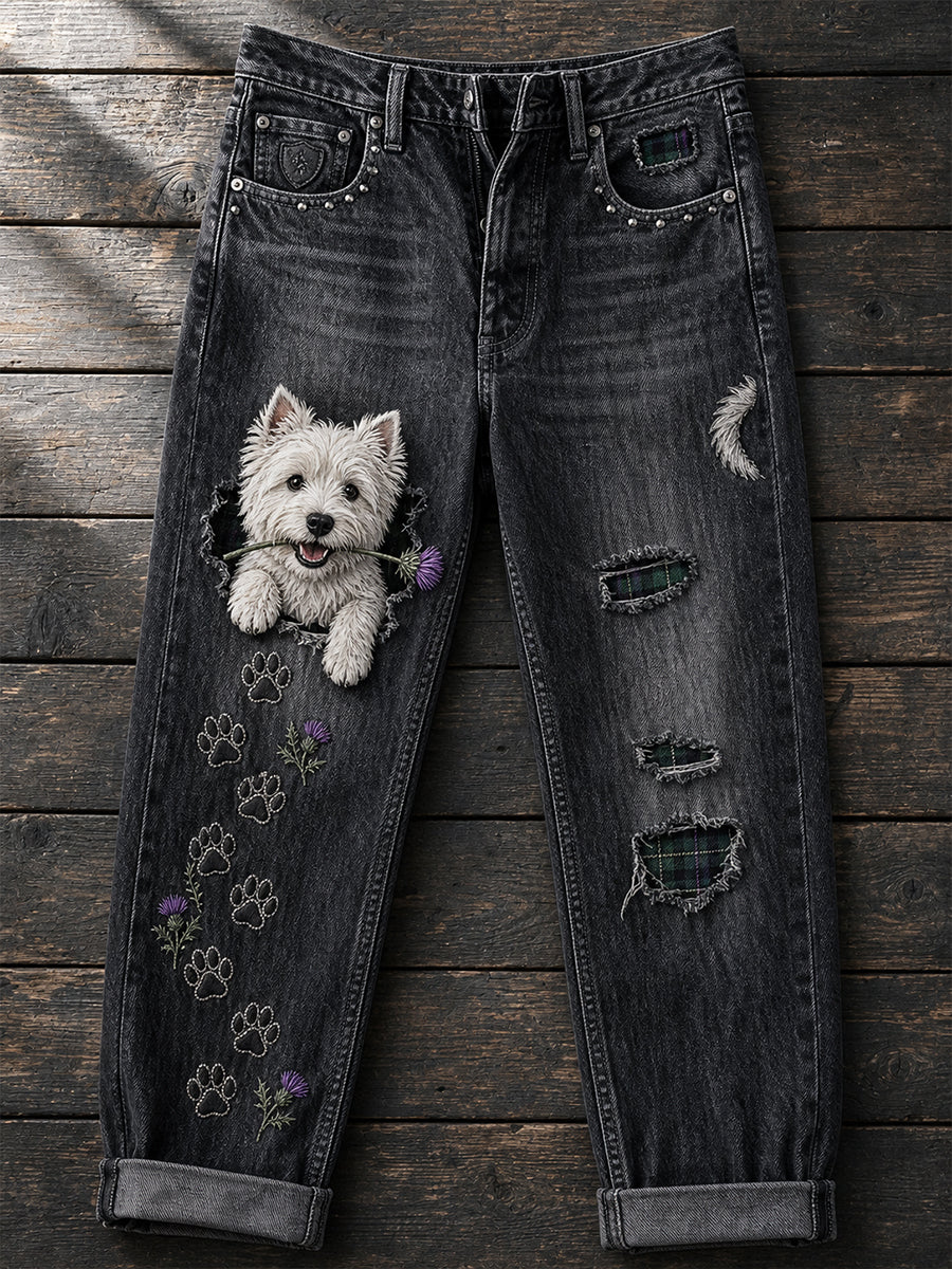 Women's Casual Jeans with Vintage Animal Art Print
