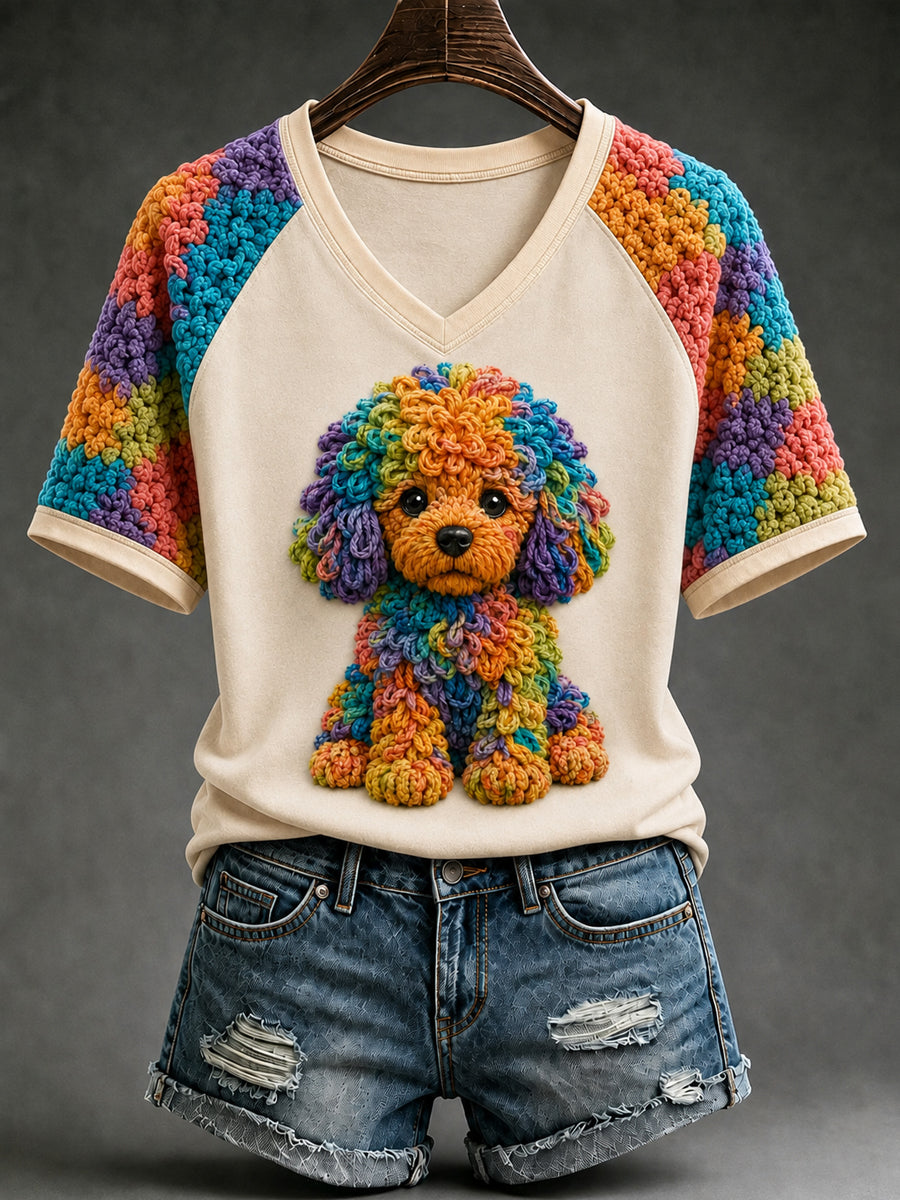 Women's Colorful Puppy Art V-neck Short Sleeve T-shirt