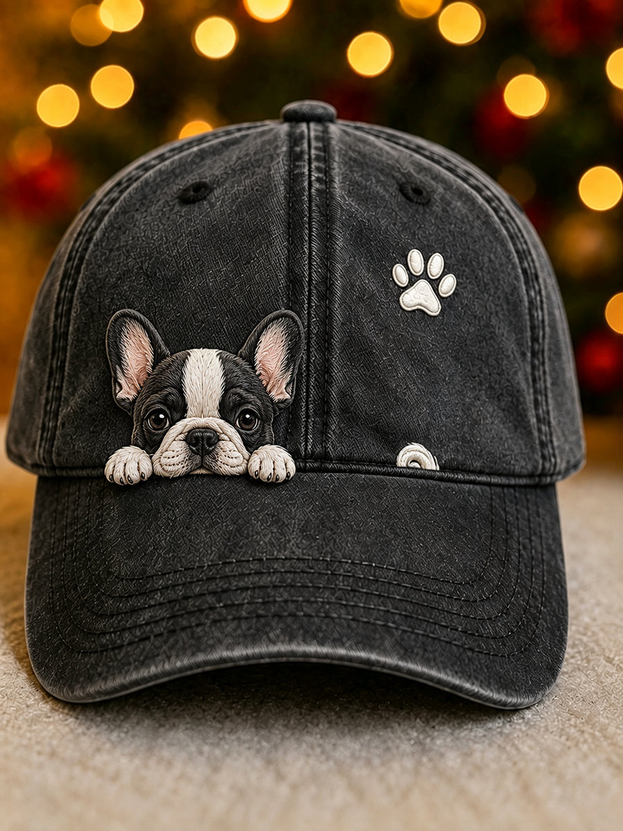 Cute Peeking French Bulldog & Paw Print Vintage Washed Hat