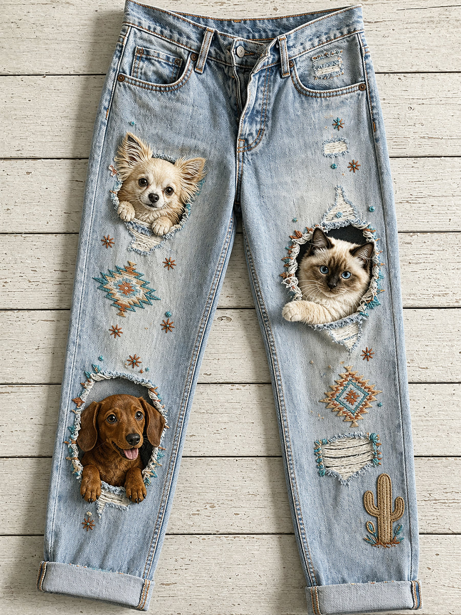 Women's Casual Jeans with Vintage Animal Art Print