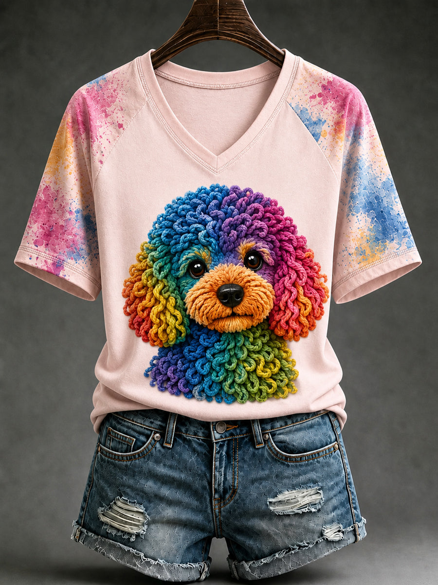 Women's Colorful Puppy Art V-neck Short Sleeve T-shirt
